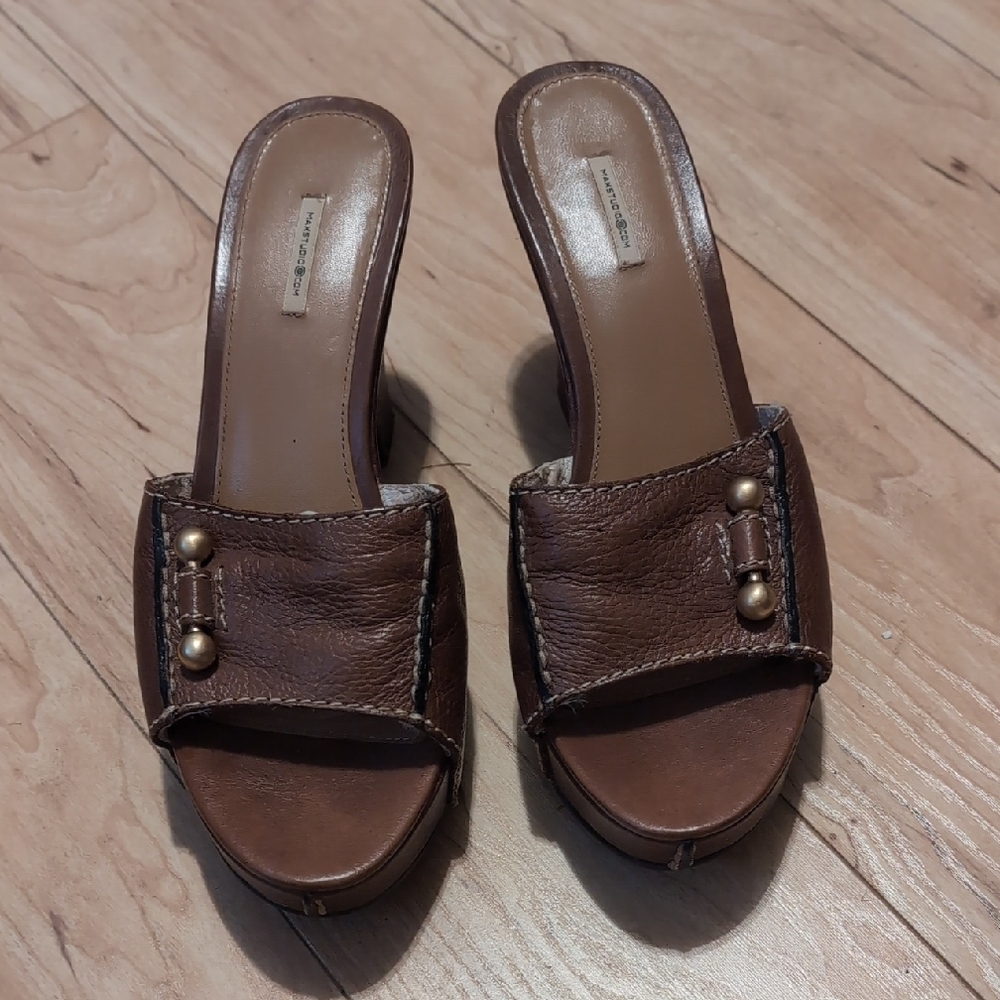 Max Studio Tan Leather Mules with Gold Details